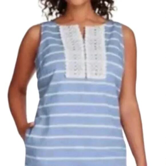 Talbots Linen Blend Dress blue white stripe crochet lace detail Size 8 - Picture 3 of 11
